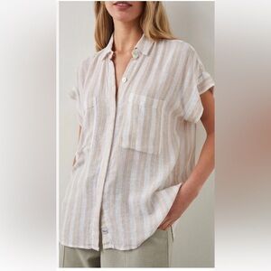 $169 Rails Cito Shore Stripe Linen Short Sleeve Button Down tan/white Small